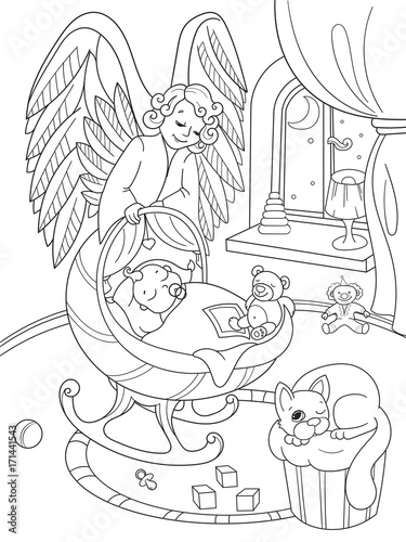 Cartoon, coloring book. The Guardian Angel protects the babys sleep. Interior of the childrens room