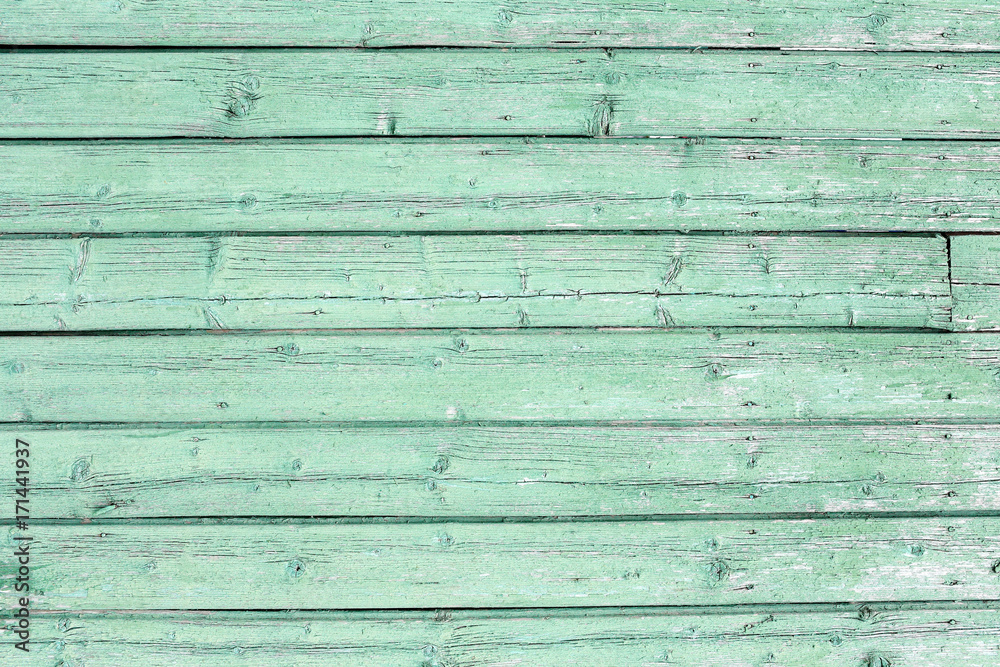 Naklejka premium Green wooden background. Rough wooden painted background of boards. Fence close-up.