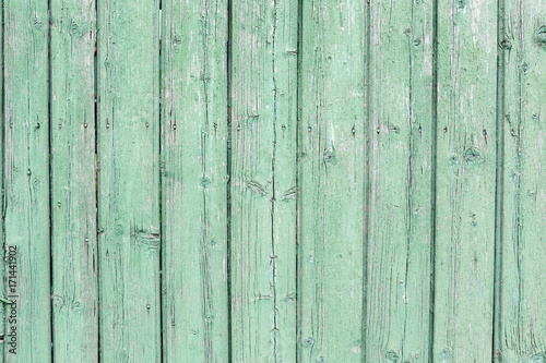 Green wooden background. Rough wooden painted background of boards. Fence close-up.