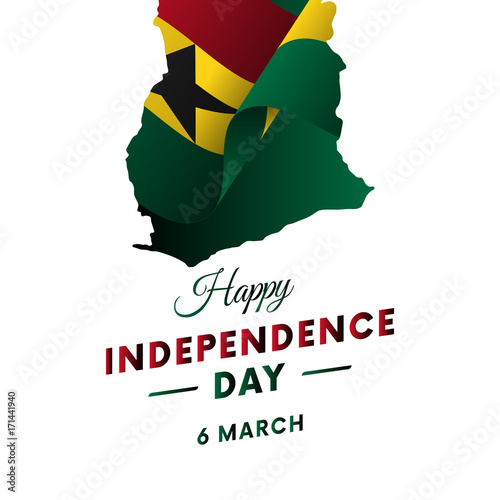 Banner or poster of Ghana independence day celebration. Ghana map. Waving flag. Vector illustration.