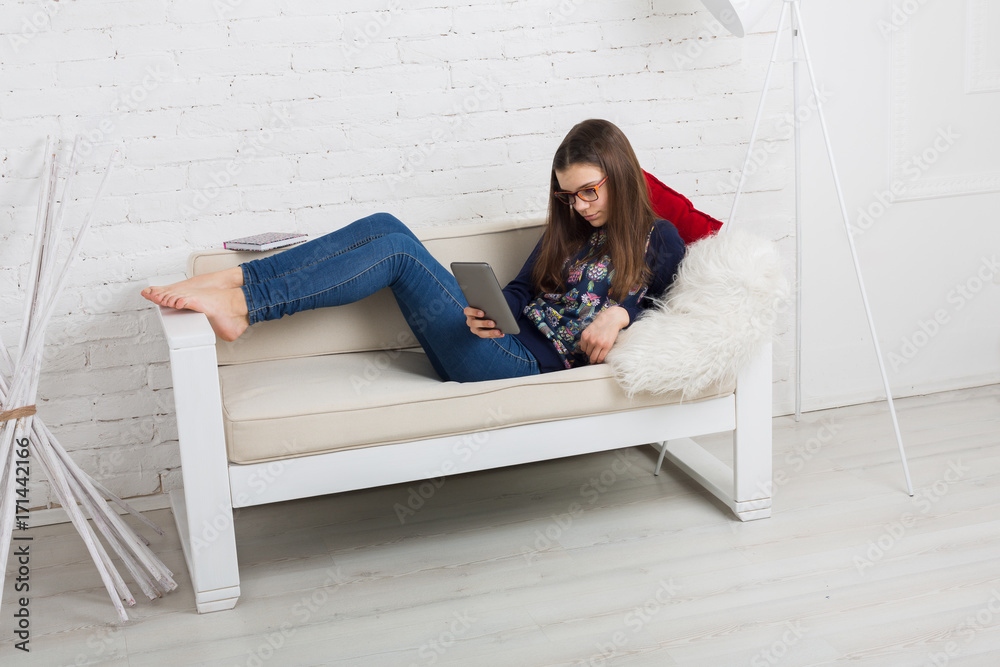 Fototapeta premium Girl glasses with tablet, computer addiction