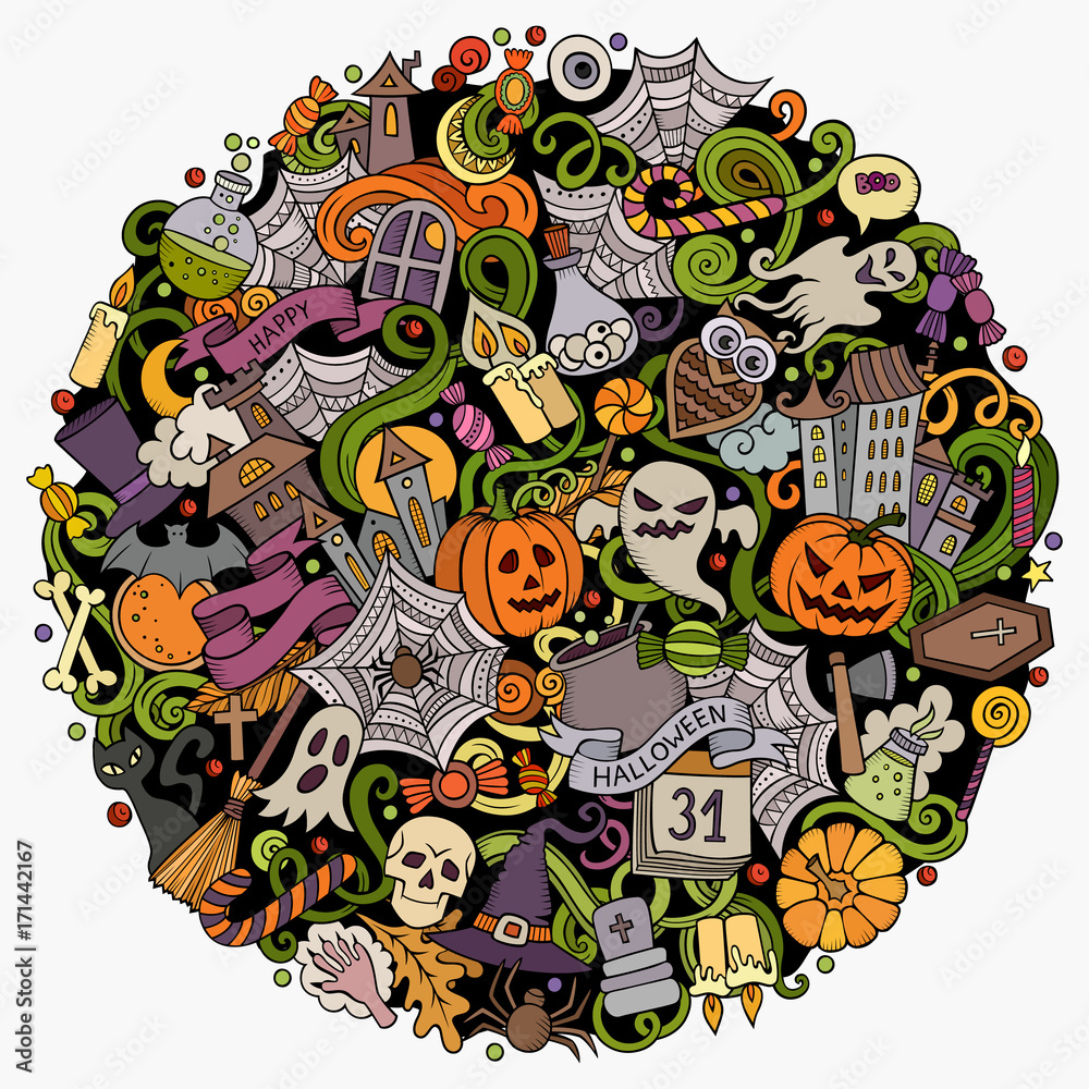 Fototapeta premium Cartoon vector doodles Happy Halloween illustration