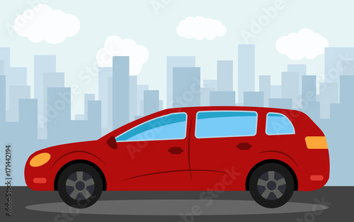 Fototapeta Naklejka Na Ścianę i Meble -  Red car in the background of skyscrapers in the afternoon.  Vector illustration.
