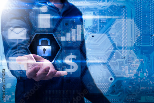 The abstract image of asian guy open the palm of the hand for hold the lock icon and computer mainboard is backdrop. the concept of communication network cyber security and internet.