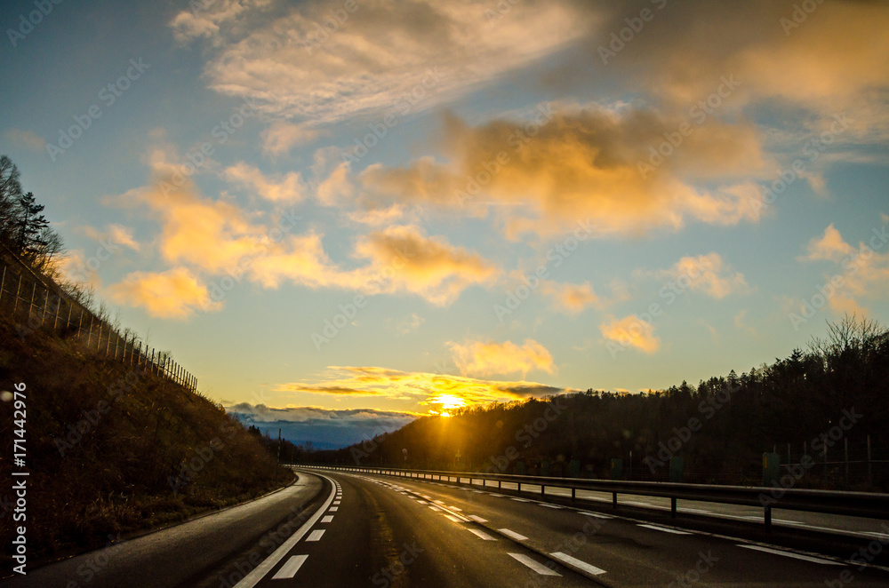 Beautiful sunset view along the road from Asahikawa to Sapporo, Hokkaido's largest city. Driving in Hokkaido is amazing, the road-trip was full with amazing view of natural scene.