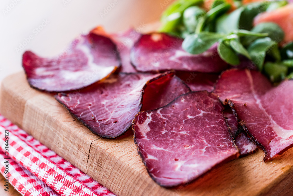 Smoked and Dried Meat Slices with salad / kuru et