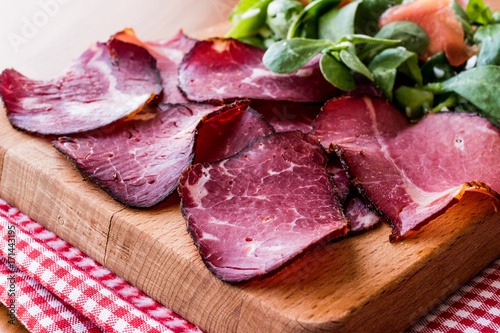 Smoked and Dried Meat Slices with salad / kuru et