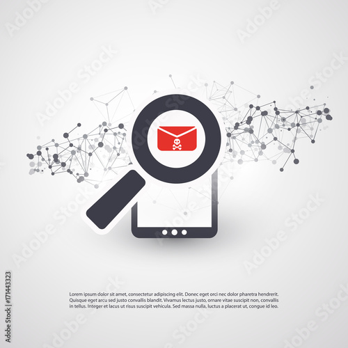 Security Audit, Virus Scanning, Cleaning, Eliminating Malware, Ransomware, Fraud, Spam, Phishing, Email Scam, Hacker Attack Effects and Damage - IT Security Concept Design, Vector illustration