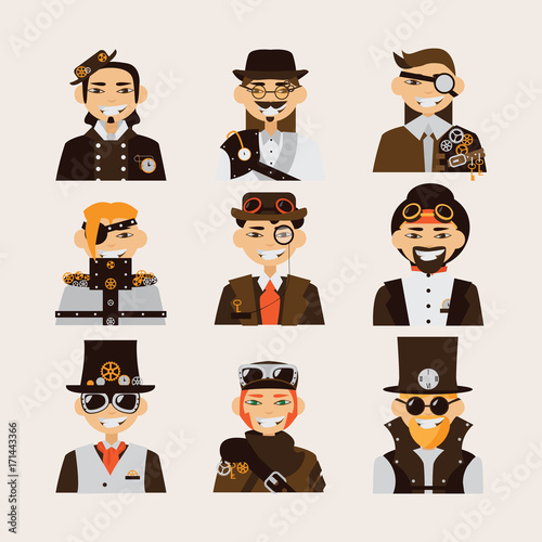 Set with steampunk men portraits. Smiling faces, clothing with gears and keys decoration.