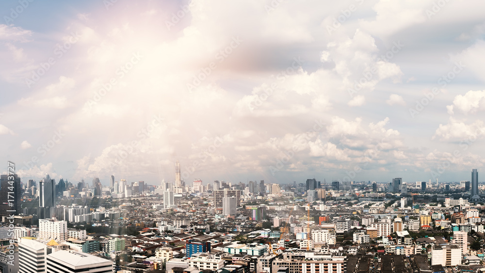 Panorama view of Bangkok cityscape with cloudy sky