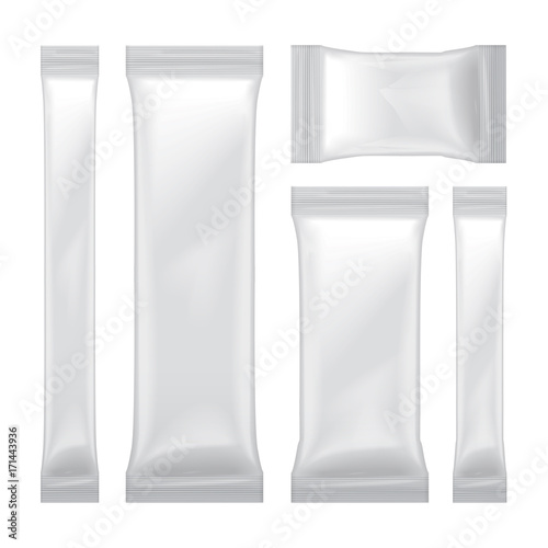 Set of white blank foil bag packaging for food, snack, sugar, candy, seasoning, medical shachet. Vector plastic pack mock up template