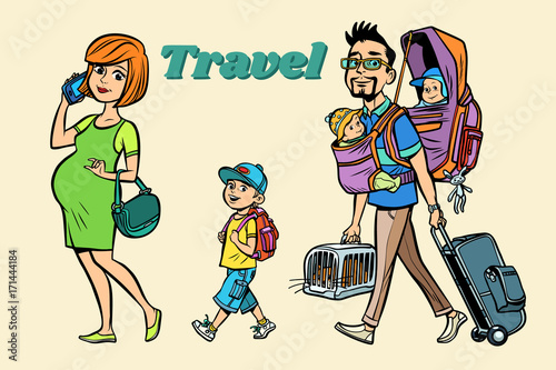 Caucasian family travelers, mom dad and kids