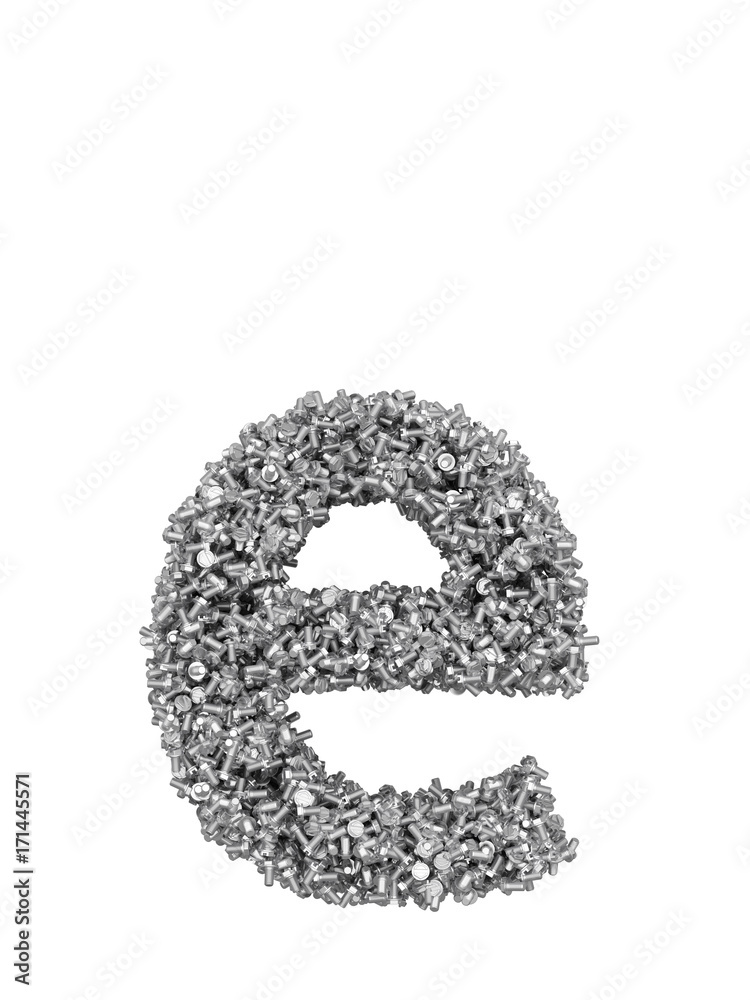 3D render of silver or grey alphabet make from bolts. small letter e with clipping path. Isolated on white background