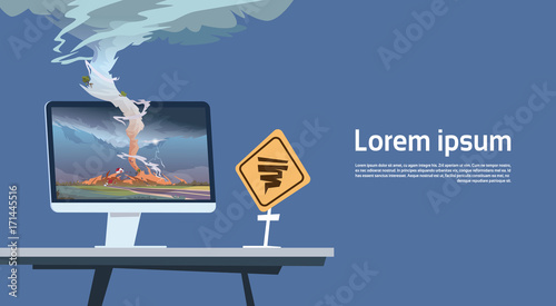 Computer Monitor With Tornado Imade And Hurricane Warning Road Sign Landscape Of Storm Waterspout In Countryside Natural Disaster Concept Flat Vector Illustration