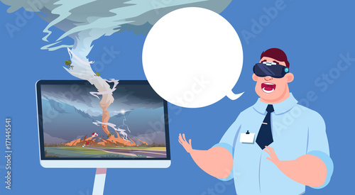 Scared Man In Virtual 3d Glasses Watching Broadcast Of Tornado Hurricane Damage News About Storm Waterspout In Countryside Natural Disaster Concept Flat Vector Illustration