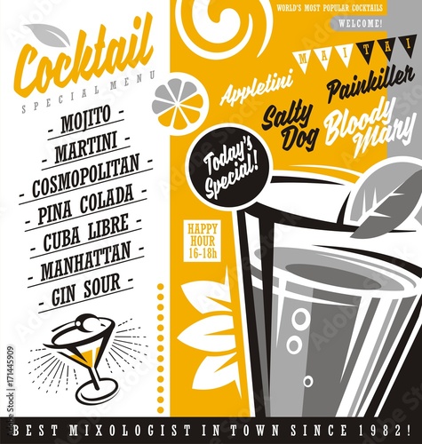 Cocktail bar menu list with most popular cocktails around the world