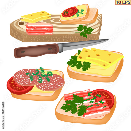 Delicious sliced bacon pieces. Delicious sliced bacon pieces. Sandwich with bacon. Sandwich with sausage. Sandwich with cheese and tomatoes. Bread with lard. Dill, parsley. Vector illustration.