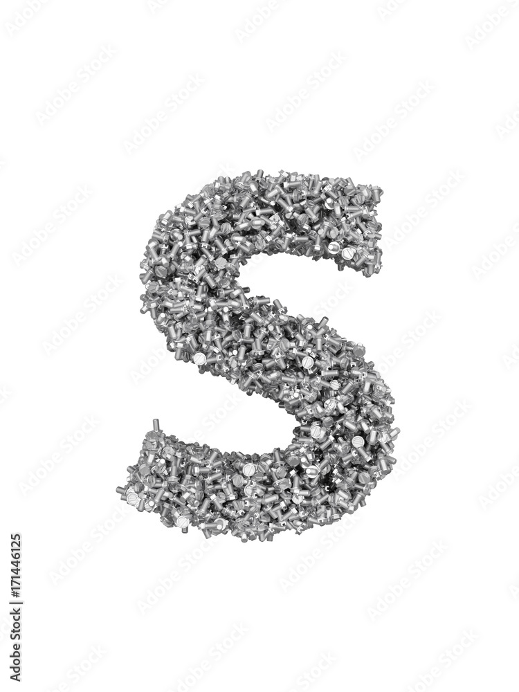 3D render of silver or grey alphabet make from bolts. small letter s with clipping path. Isolated on white background 3D render of silver or grey alphabet make from bolts. small letter s with clipping path. Isolated on white background