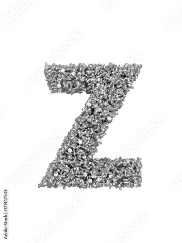 3D render of silver or grey alphabet make from bolts. small letter z with clipping path. Isolated on white background