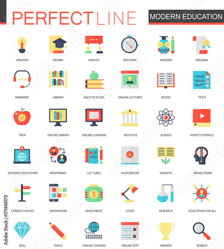 Vector set of flat Modern education e-learning icons. © lembergvector