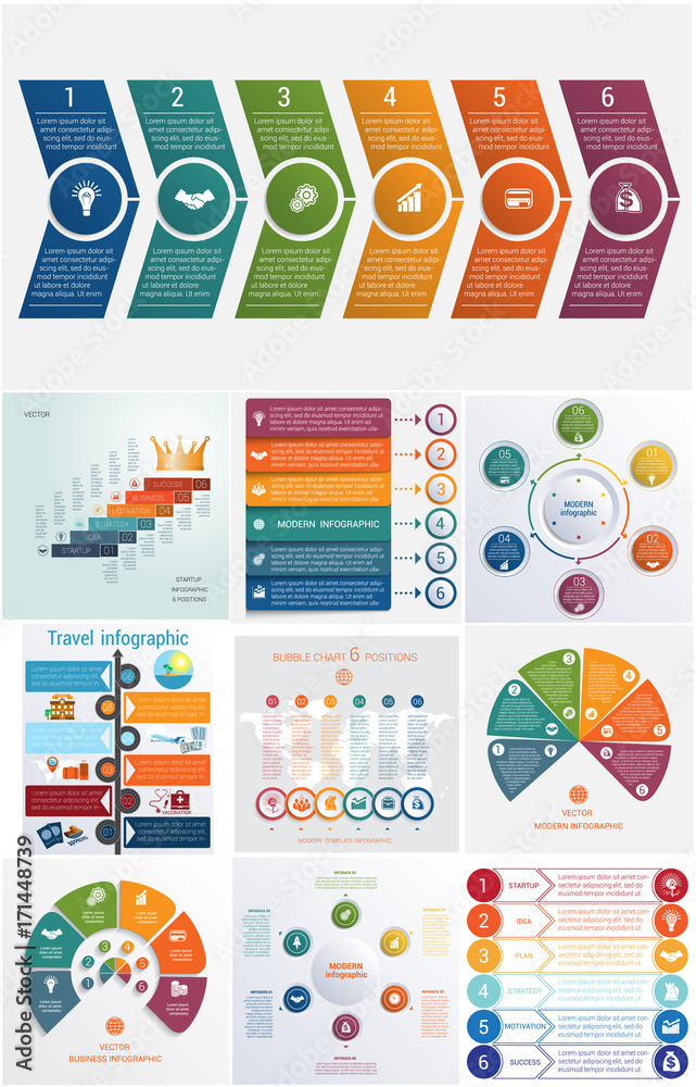 Set 10 universal templates elements Infographics conceptual cyclic processes for 6 positions