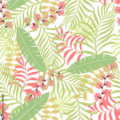 Tropical background with palm leaves. Seamless floral pattern