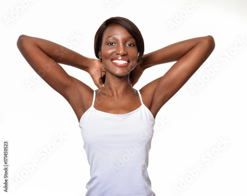 Beautiful African-American woman. Black Beauty. Armpit's care. Armpit epilation, hair removal, perfect skin.