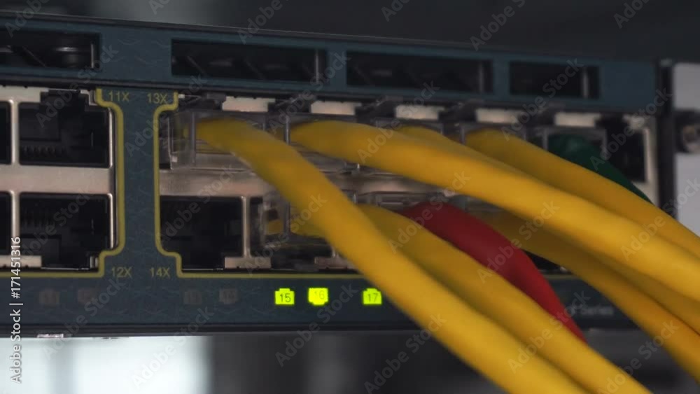 Details from loaded and working network switch in Server room with Lan cable connect Details from loaded and working network switch in Server room with Lan cable connect