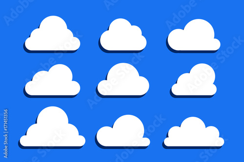 Set of white clouds collection with shadow vector icons isolated on blue background