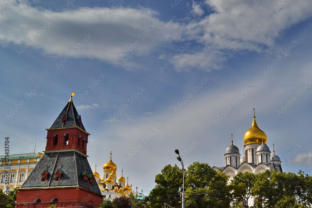 Russie, Moscou, kremlin, clocher d'Ivan le grand, église de l'archange saint-Michel au milieu des arbres.