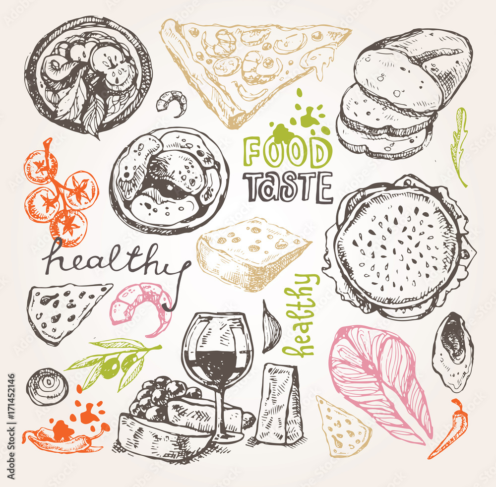 Hand drawn doodle food illustration. Breakfast set. Dish top view.Italian food