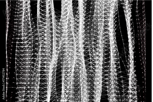 Abstract futuristic lines and dots grid. Intertwining web, a network of ropes, an unusual geometric black and white vector pattern.