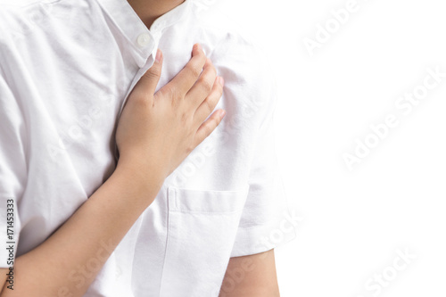 Woman having chest pain heart attack isolated