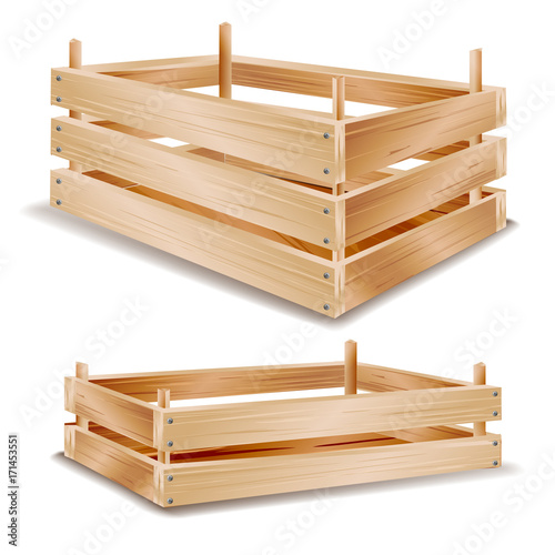 3d Wooden Box Isolated Vector. Wooden Tray For Storing Food. Isolated On White Illustration