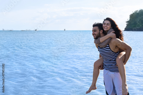 Couple Beach Summer Vacation, Man Carry Woman Beautiful Young Happy Man And Woman Smile Sea Ocean Holiday Travel