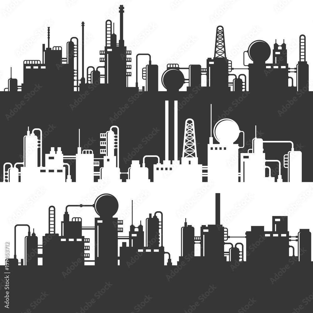 Oil and Gas Refinery Power Plant Silhouette. Vector Pattern Set