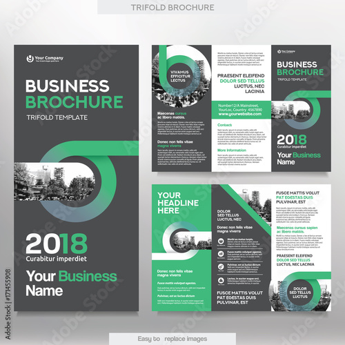 Business Brochure Template in Tri Fold Layout. Corporate Design Leaflet with replacable image.