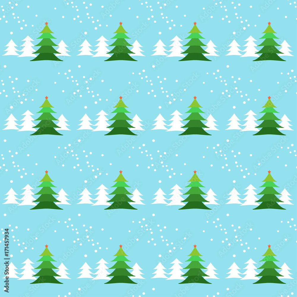 Fototapeta premium Blue Christmas seamless pattern with pine tree, snow and star, editable background color.