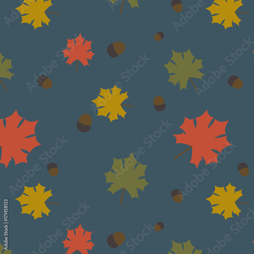Autumn seamless pattern color change of maple leaves and nuts, editable background color.