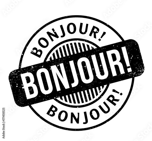 Bonjour rubber stamp. Grunge design with dust scratches. Effects can be easily removed for a clean, crisp look. Color is easily changed.