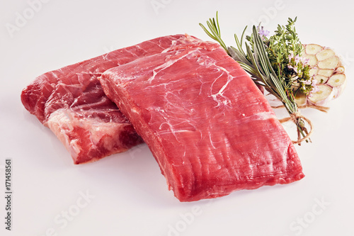 Two rectangular portions of raw lean flank steak