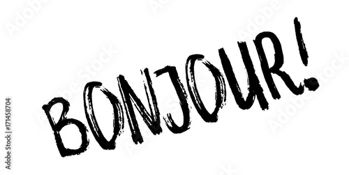 Bonjour rubber stamp. Grunge design with dust scratches. Effects can be easily removed for a clean, crisp look. Color is easily changed.