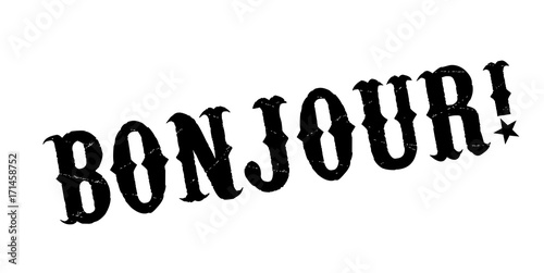 Bonjour rubber stamp. Grunge design with dust scratches. Effects can be easily removed for a clean, crisp look. Color is easily changed.