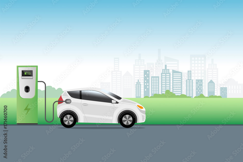 Electric car charging at charger service station front of eco city background. Hybrid Vehicle, Eco friendly auto or electric vehicle concept. Electric car charging at charger service station front of eco city background. Hybrid Vehicle, Eco friendly auto or electric vehicle concept.