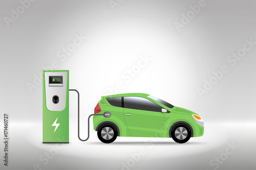 Electric car charging at charger service station with grey background. Hybrid Vehicle, Eco friendly auto or electric vehicle concept.