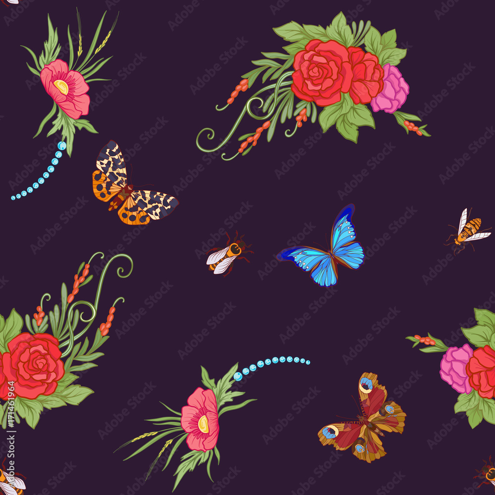Fototapeta premium Floral seamless pattern with butterflies