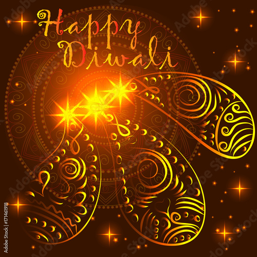 Happy Diwali. Light background. Lamp, oil lamp with a burning fire on a warm brown background