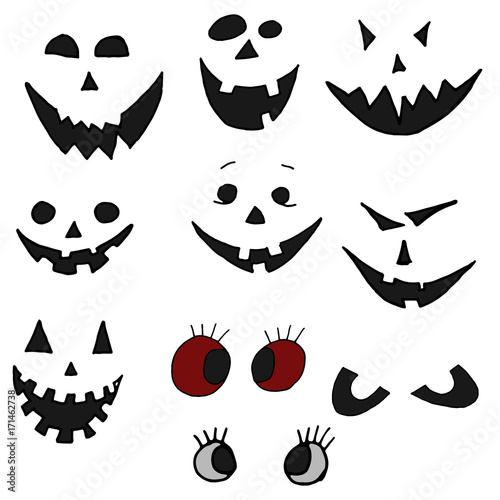 Hand Drawn Halloween Set. Scary eyes and faces. © Ira Kozhevnikova