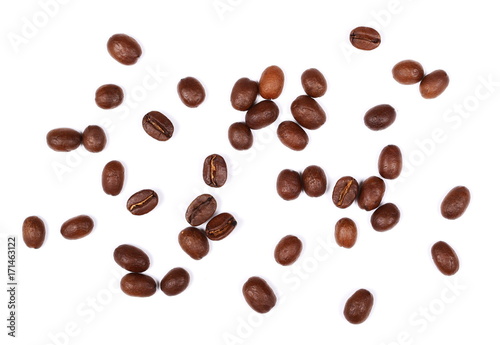pile coffee beans isolated on white background and texture, top view
