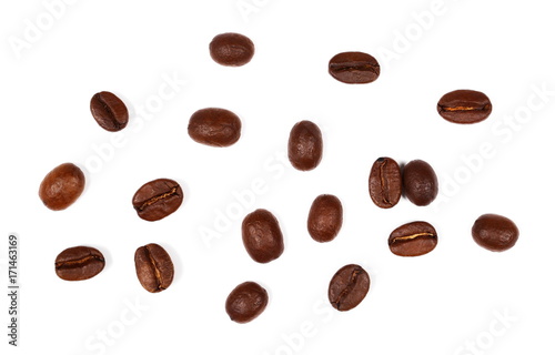pile coffee beans isolated on white background and texture, top view 